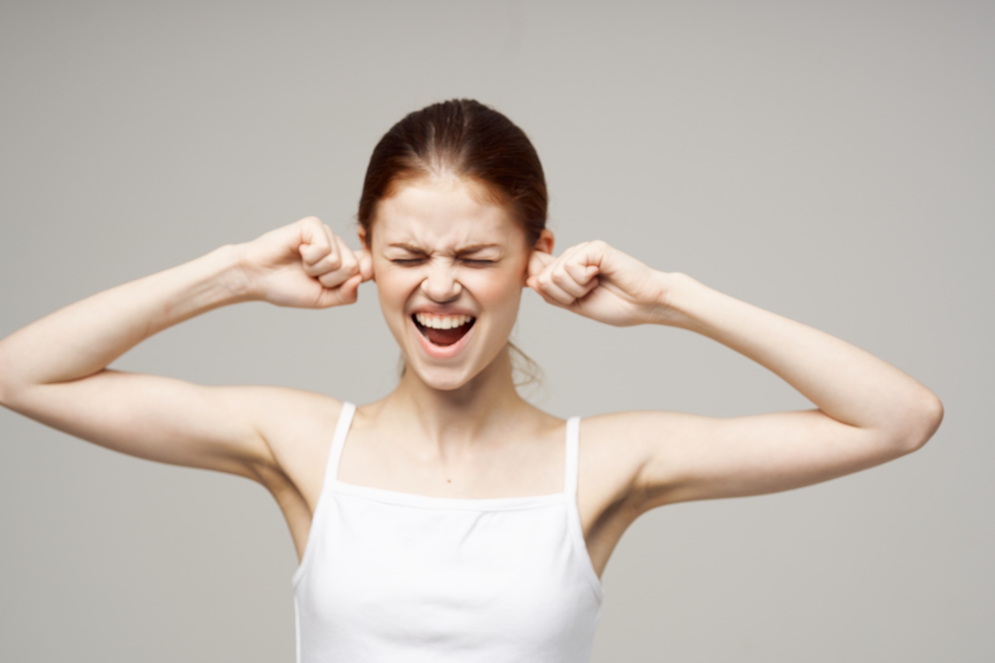 woman ear pain otitis media health problems infection isolated background