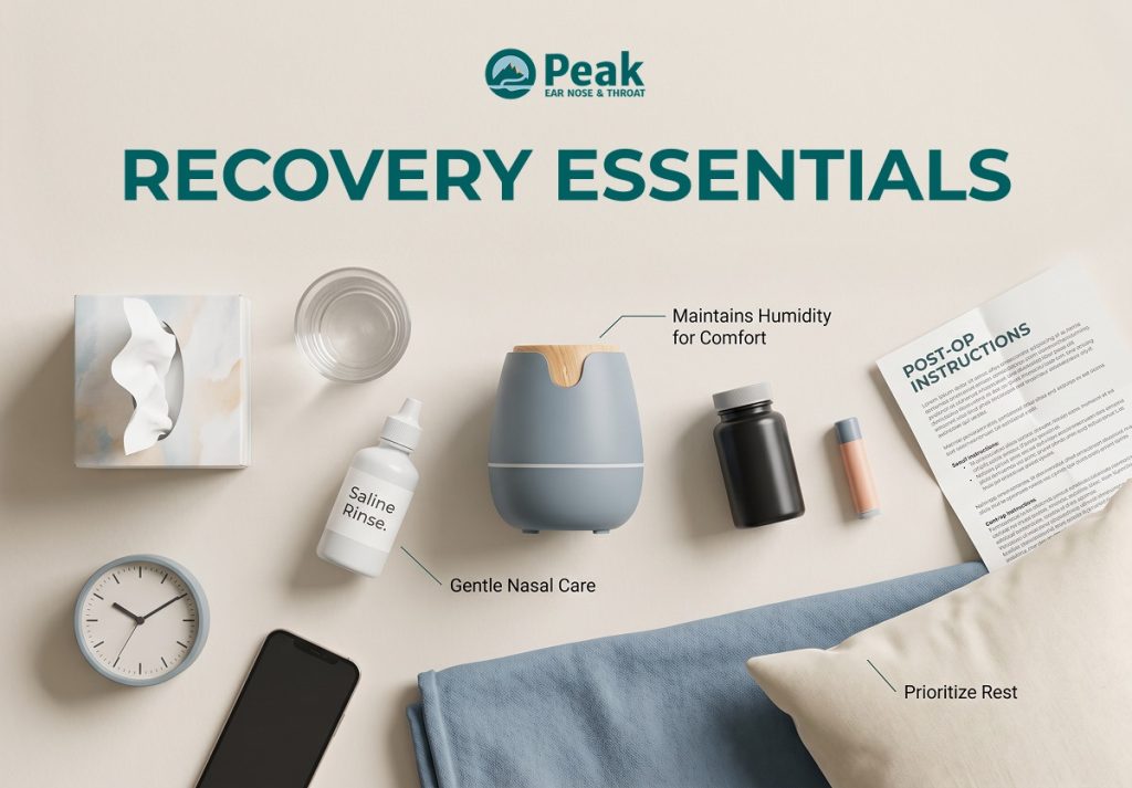 Infographic displaying post-op recovery essentials from Peak Ear Nose & Throat.